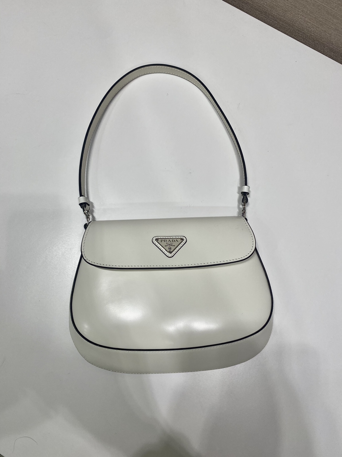 Prada Cleo Brushed Leather Shoulder Bag With Flap White 1BD311